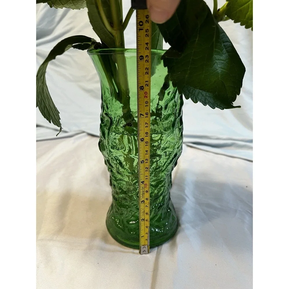 Vintage Emerald Green Textured Bark‎ Glass Vase Mid Century Modern 9.5 Inch